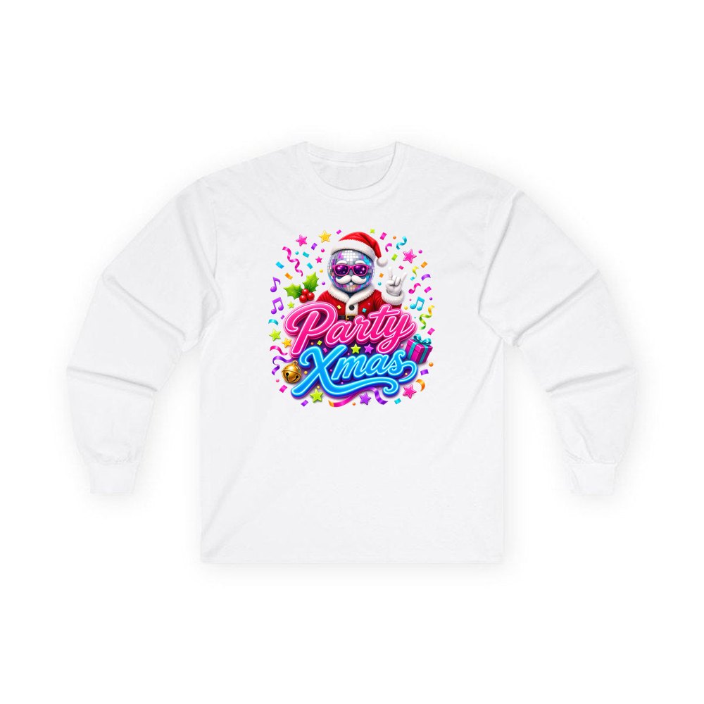 Disco Ball Party Santa personalised long sleeve Christmas T-shirt in white