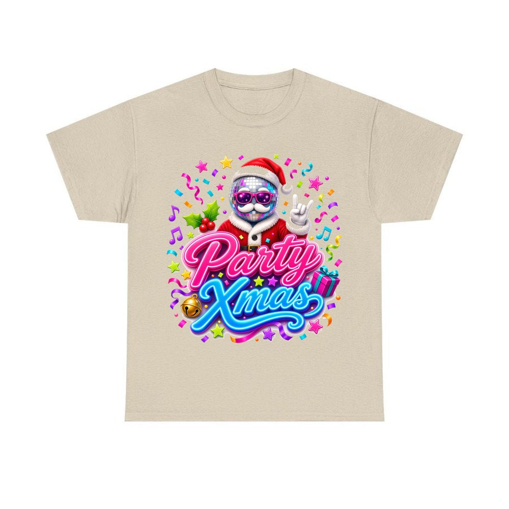 Disco Ball Party Santa personalised Christmas T-shirt in sand