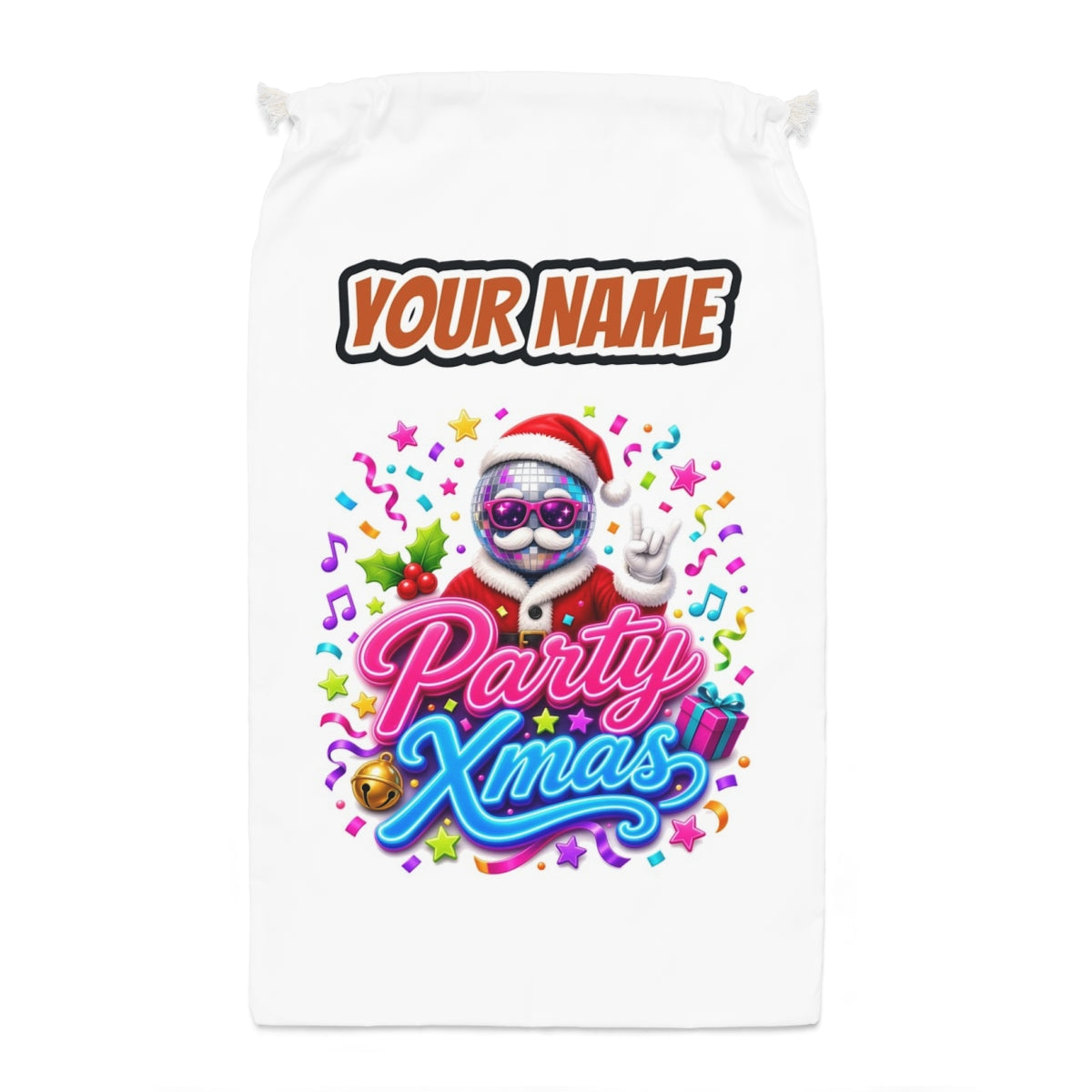 Disco Ball Party Santa Santa sack laid flat, showing the full print