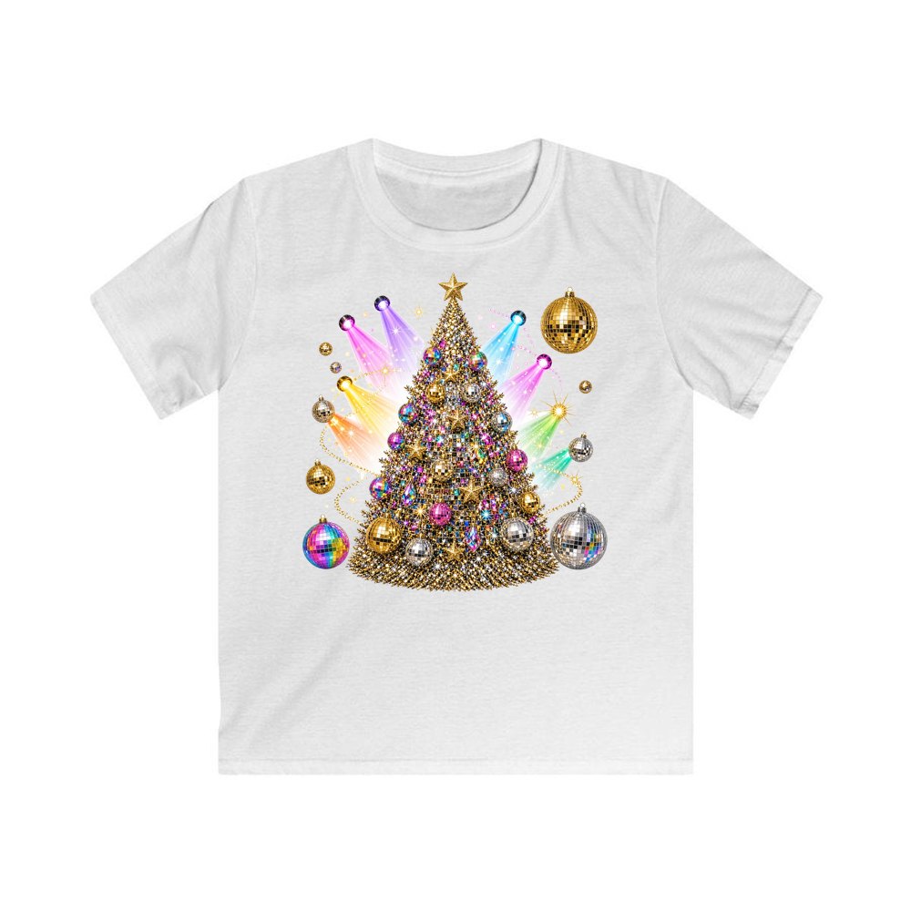 Disco Glitter Christmas Tree Kids Christmas Tee design on a white kids tee