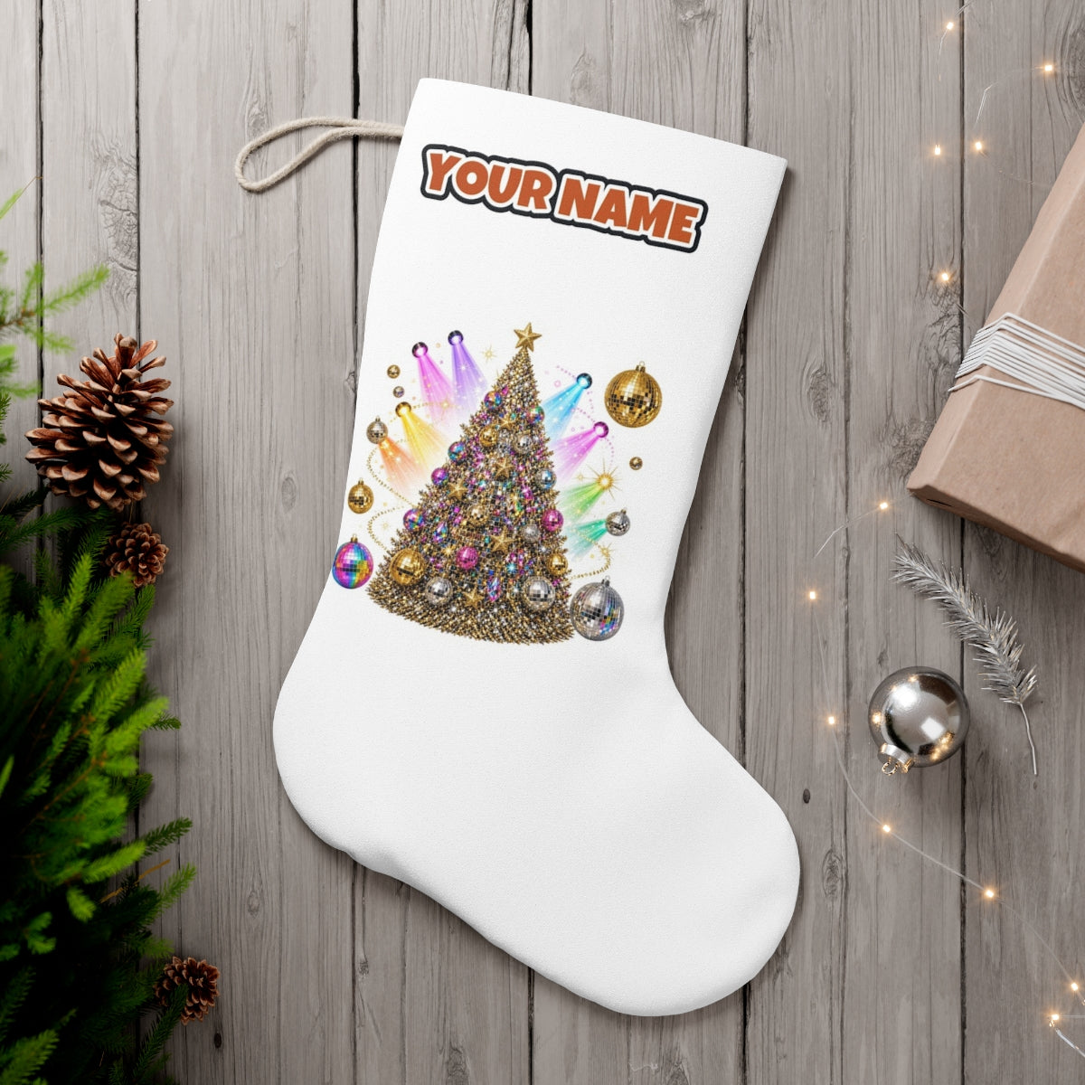 Disco Glitter Christmas Tree personalised Christmas stocking, white, with the name across the top