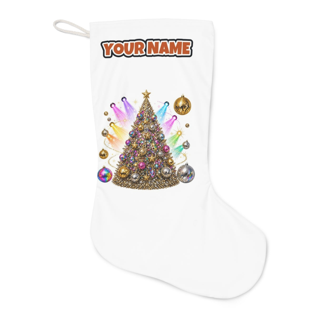 Disco Glitter Christmas Tree Christmas stocking laid flat, showing the full print