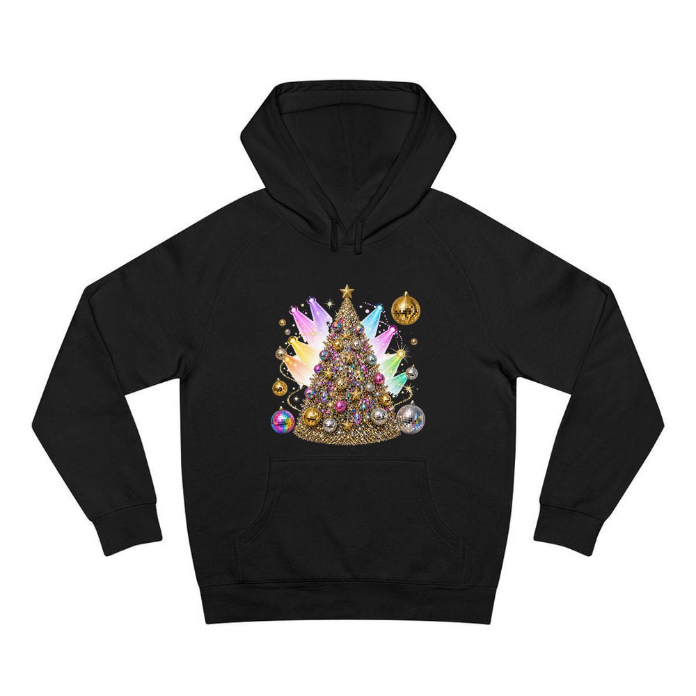 Disco Glitter Christmas Tree personalised Christmas hoodie in black