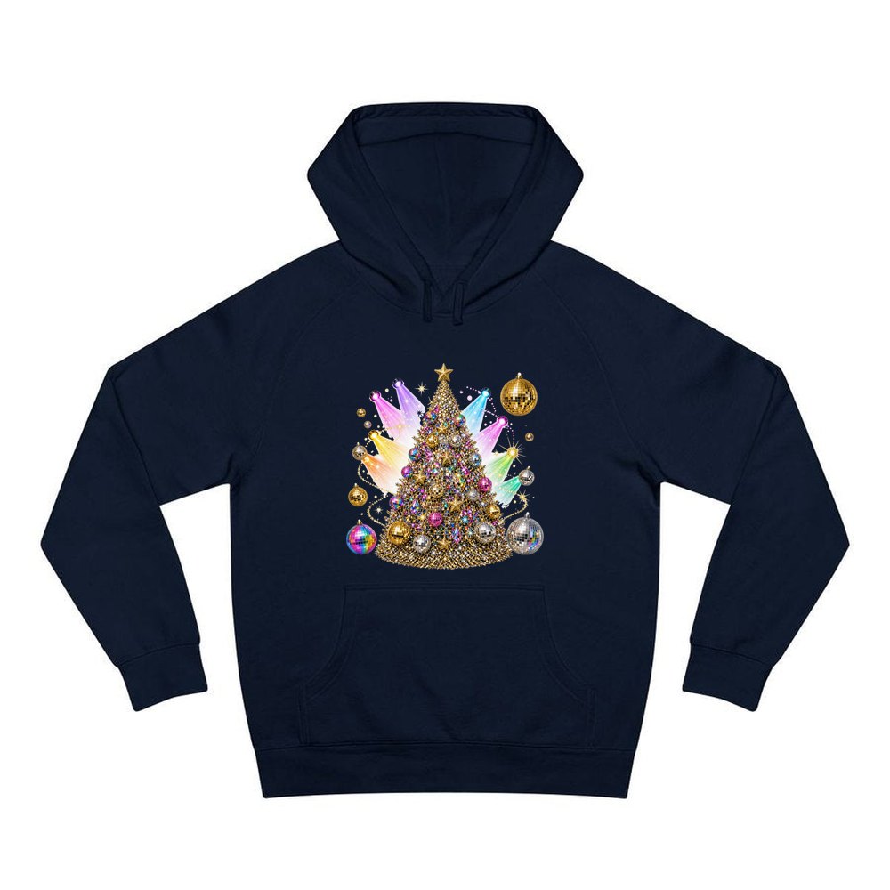 Disco Glitter Christmas Tree personalised Christmas hoodie in navy