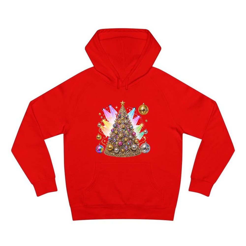 Disco Glitter Christmas Tree personalised Christmas hoodie in red