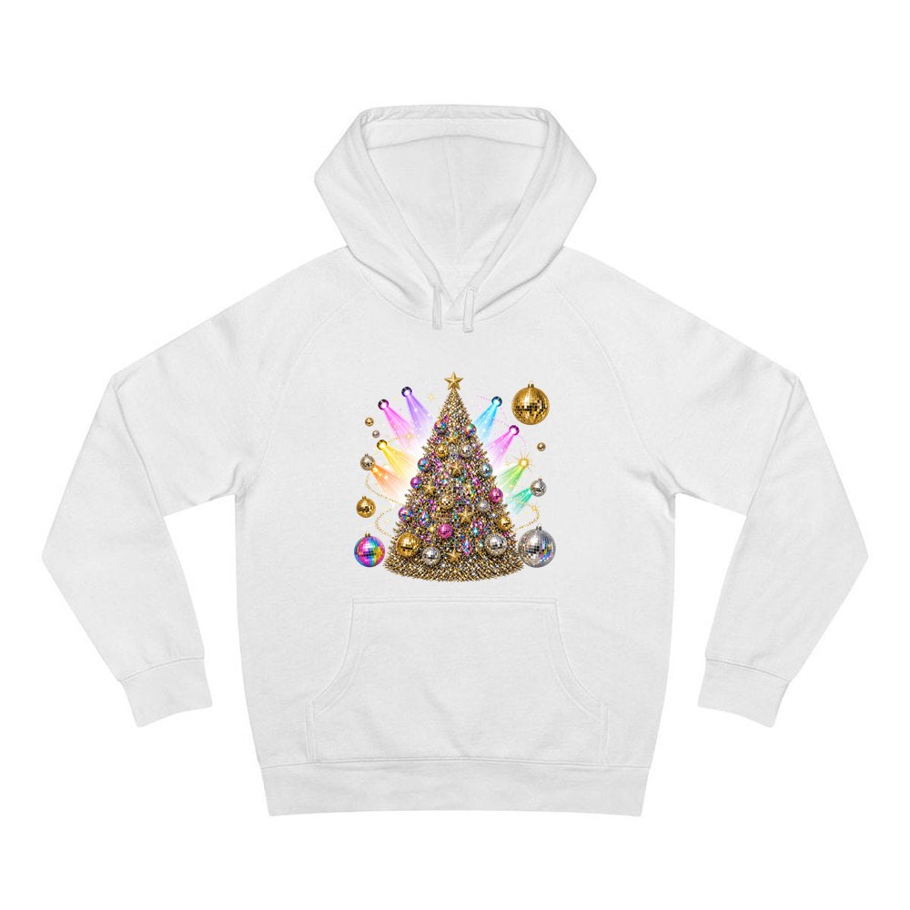 Disco Glitter Christmas Tree personalised Christmas hoodie in white