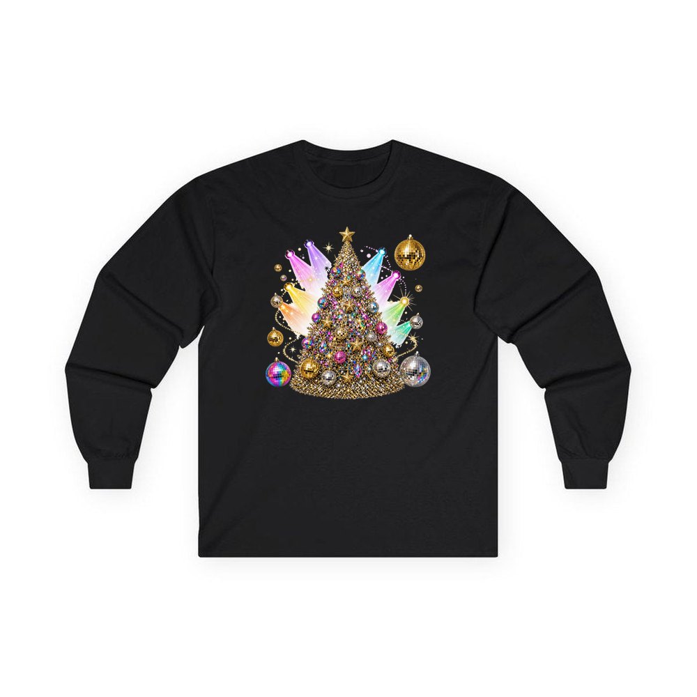 Disco Glitter Christmas Tree personalised long sleeve Christmas T-shirt in black