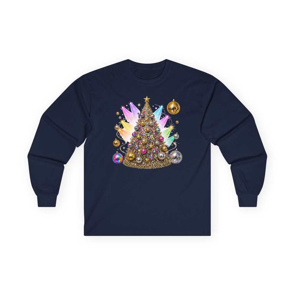 Disco Glitter Christmas Tree personalised long sleeve Christmas T-shirt in navy