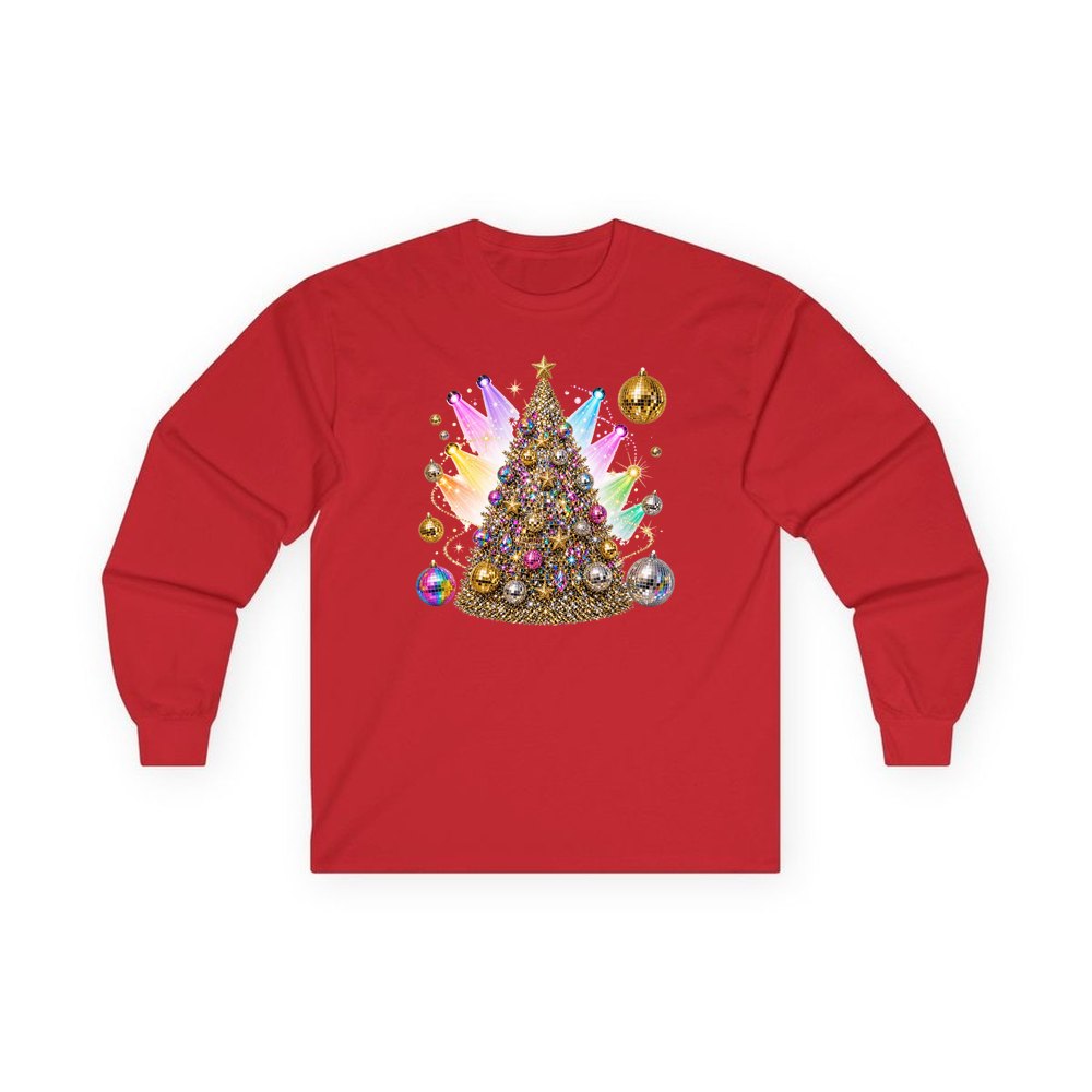 Disco Glitter Christmas Tree personalised long sleeve Christmas T-shirt in red