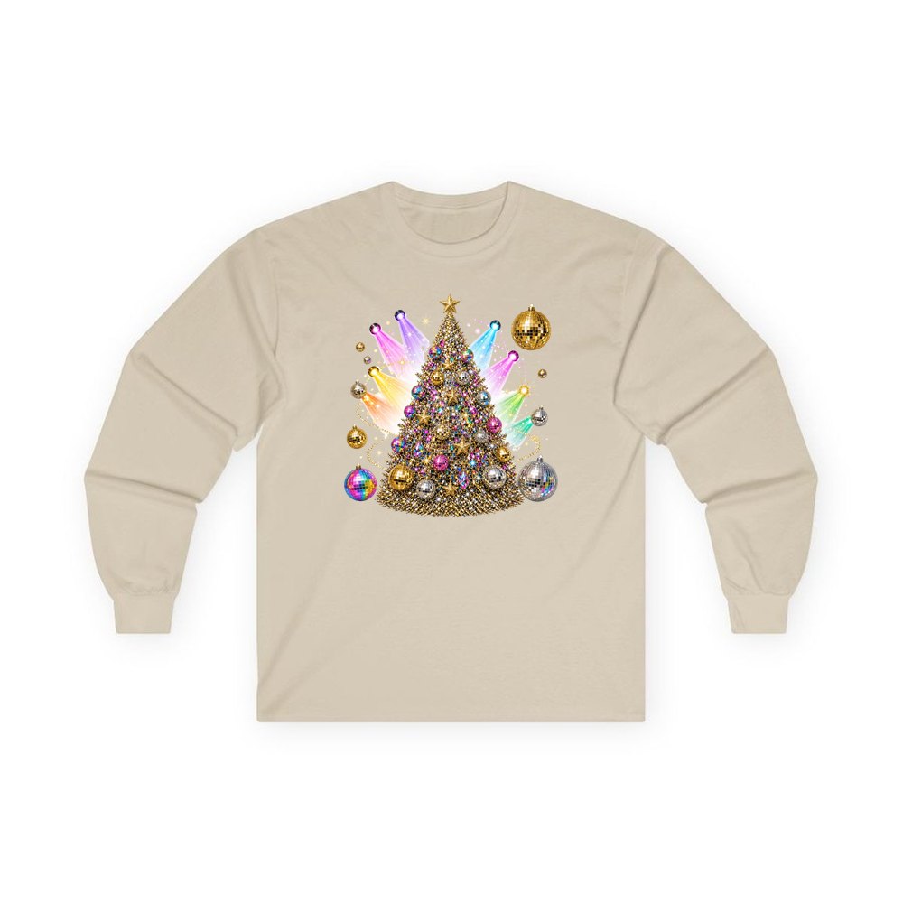 Disco Glitter Christmas Tree personalised long sleeve Christmas T-shirt in sand