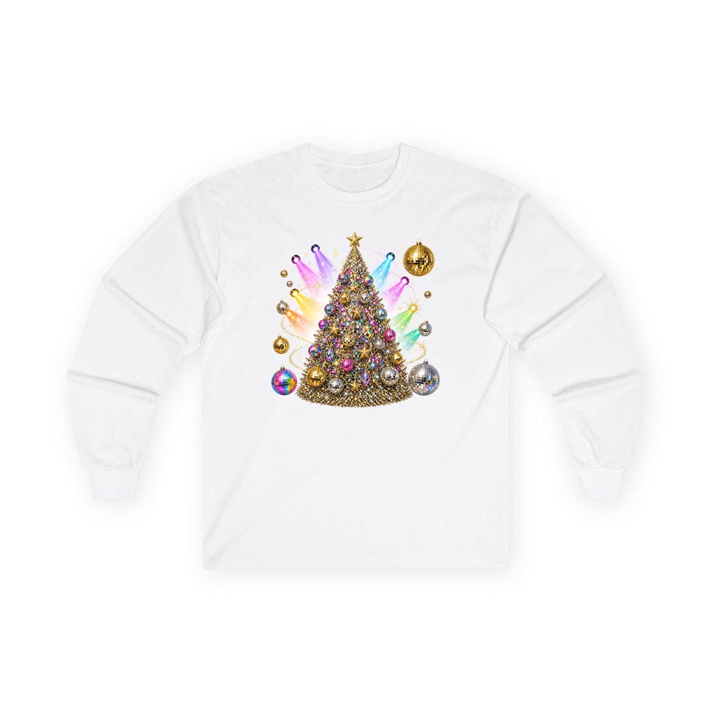 Disco Glitter Christmas Tree personalised long sleeve Christmas T-shirt in white