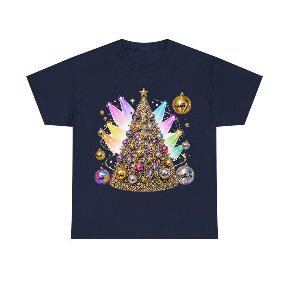 Disco Glitter Christmas Tree personalised Christmas T-shirt in navy