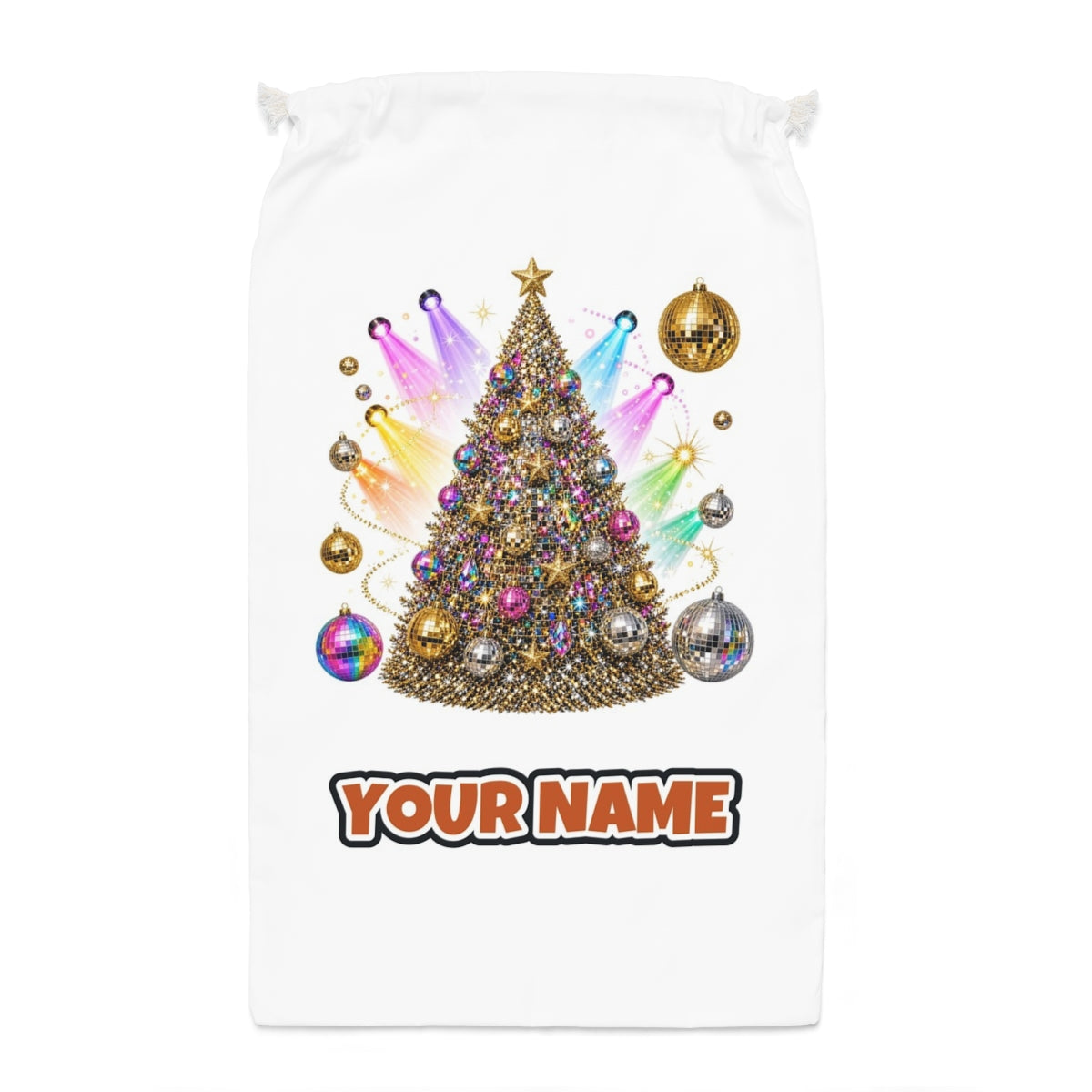 Disco Glitter Christmas Tree Santa sack laid flat, showing the full print