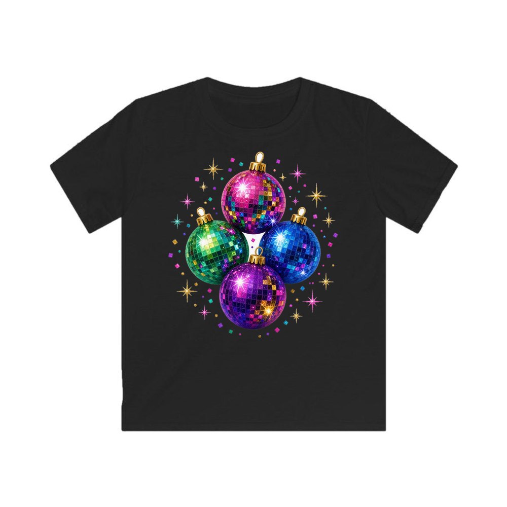 Disco Mirror Ball Baubles personalised kids Christmas tee in black