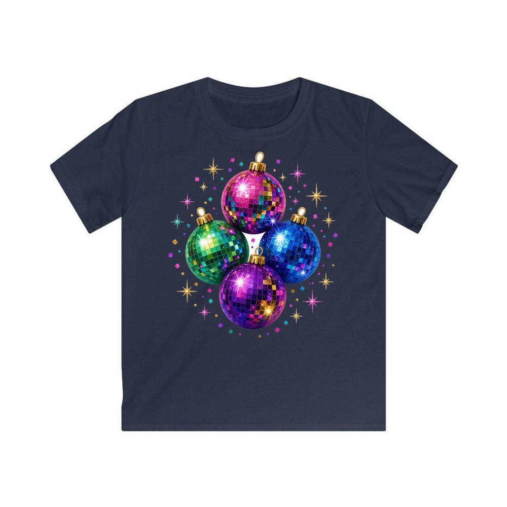 Disco Mirror Ball Baubles personalised kids Christmas tee in navy