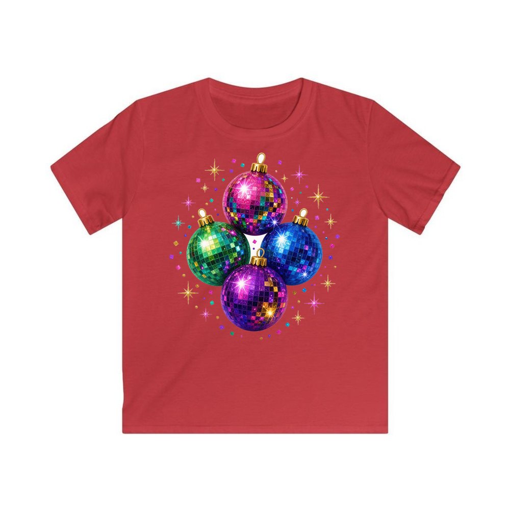 Disco Mirror Ball Baubles personalised kids Christmas tee in red