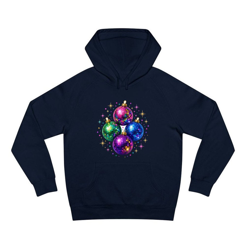 Disco Mirror Ball Baubles personalised Christmas hoodie in navy