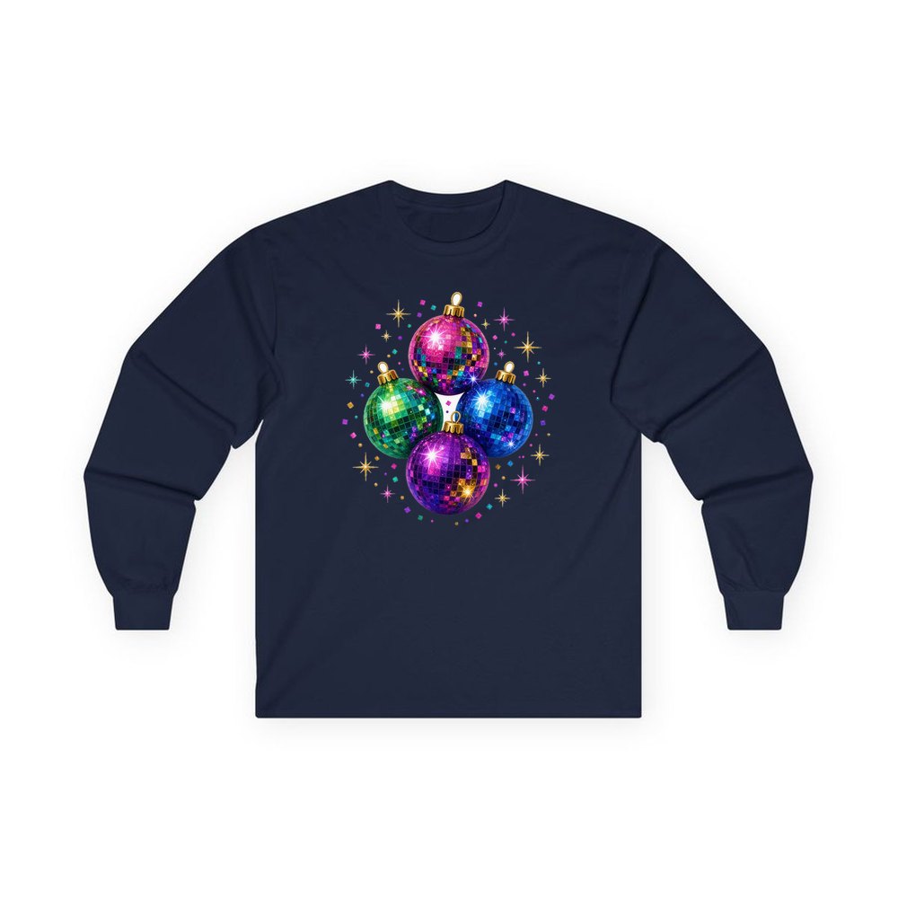 Disco Mirror Ball Baubles personalised long sleeve Christmas T-shirt in navy