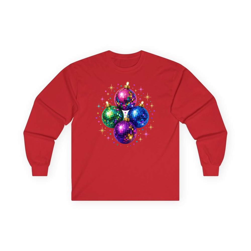 Disco Mirror Ball Baubles personalised long sleeve Christmas T-shirt in red