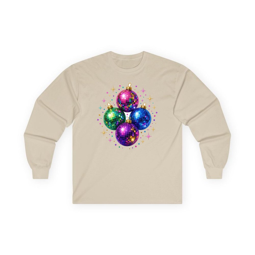 Disco Mirror Ball Baubles personalised long sleeve Christmas T-shirt in sand