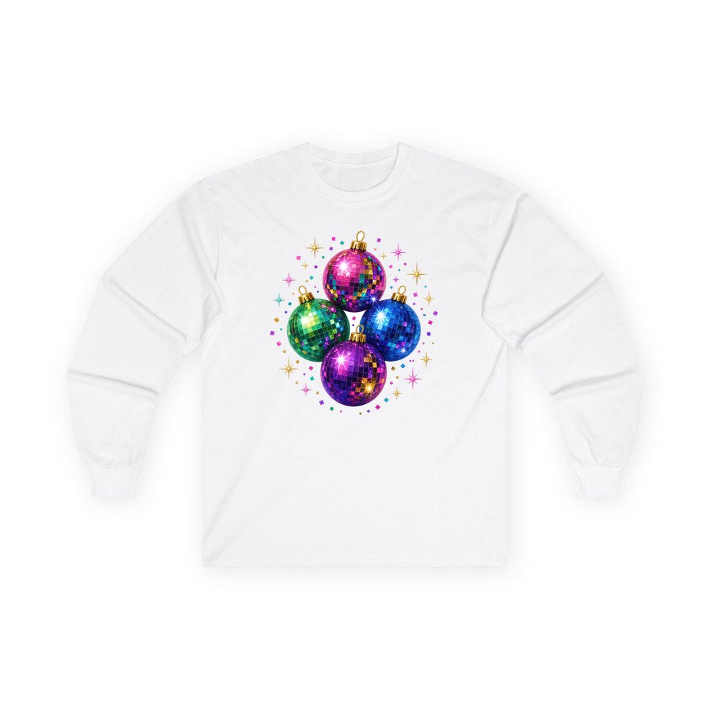Disco Mirror Ball Baubles personalised long sleeve Christmas T-shirt in white