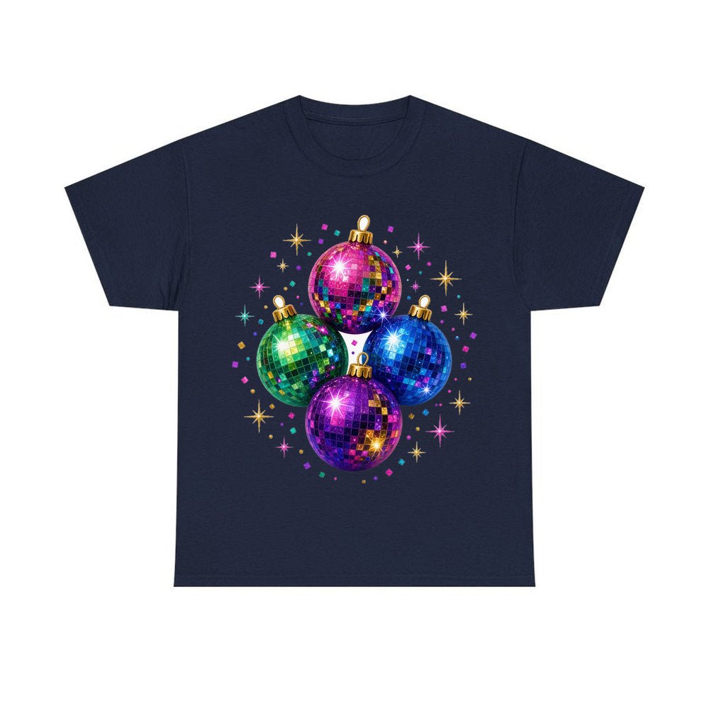 Disco Mirror Ball Baubles personalised Christmas T-shirt in navy
