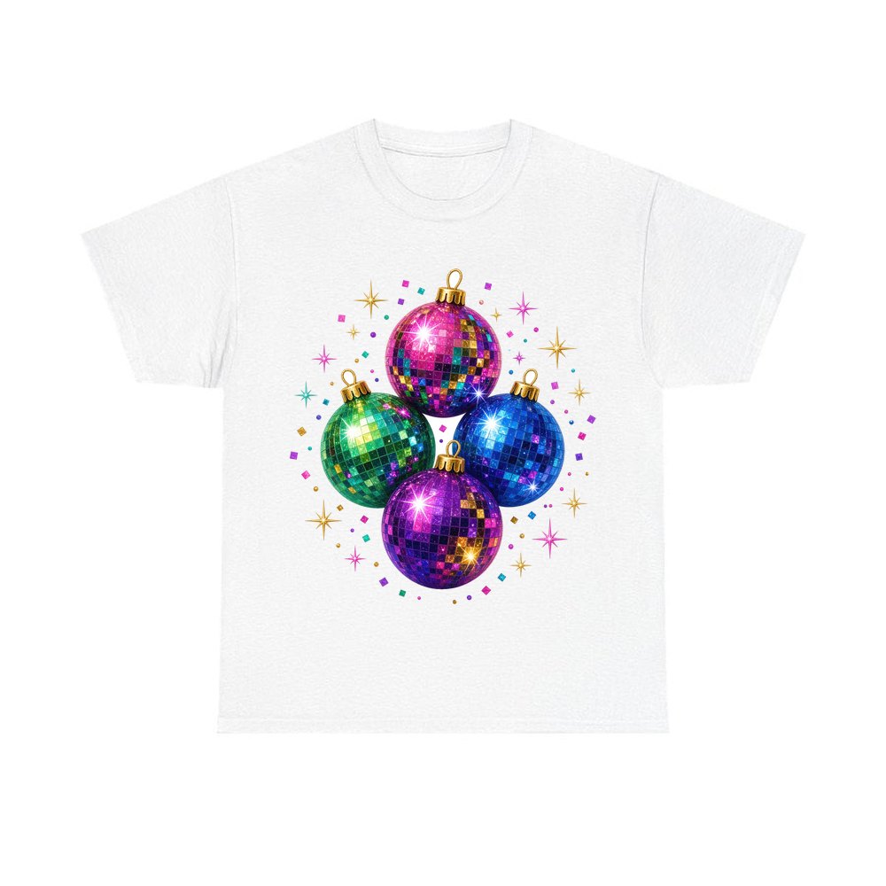 Disco Mirror Ball Baubles design on a white tee