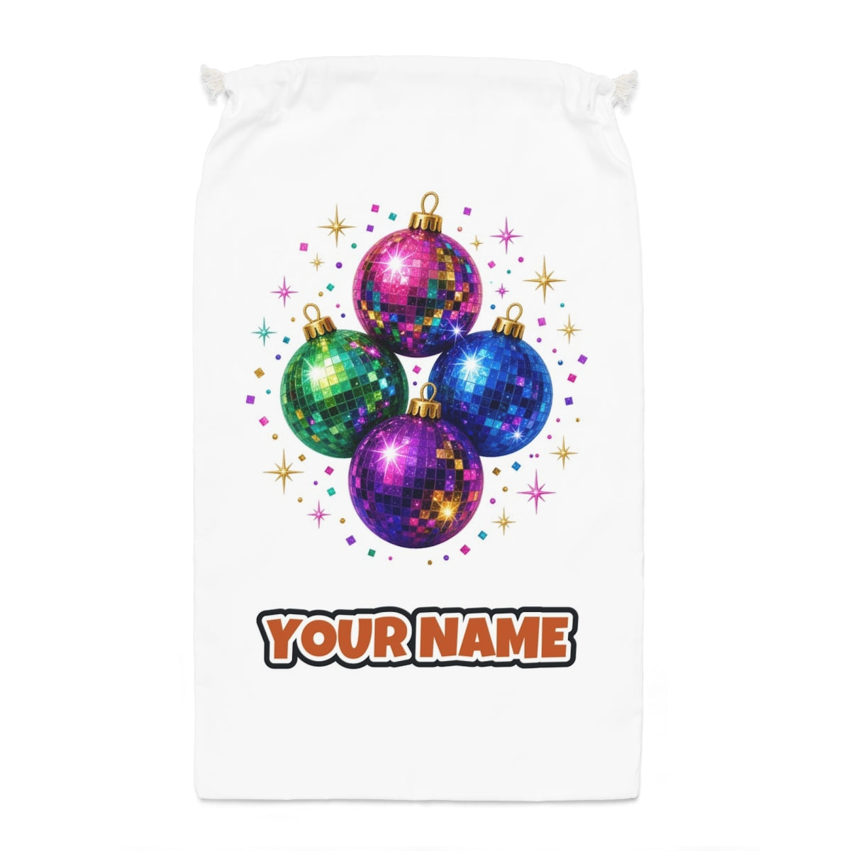 Disco Mirror Ball Baubles Santa sack laid flat, showing the full print