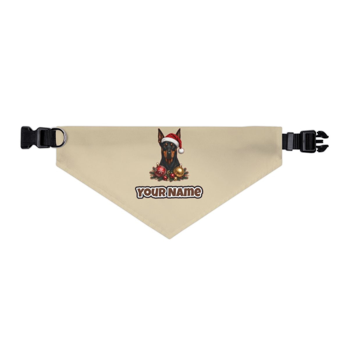 Doberman personalised Christmas pet bandana in beige, collar with buckle