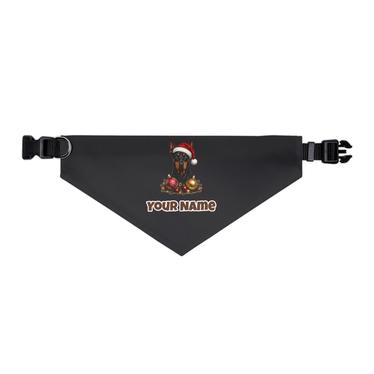 Doberman personalised Christmas pet bandana in black, collar with buckle