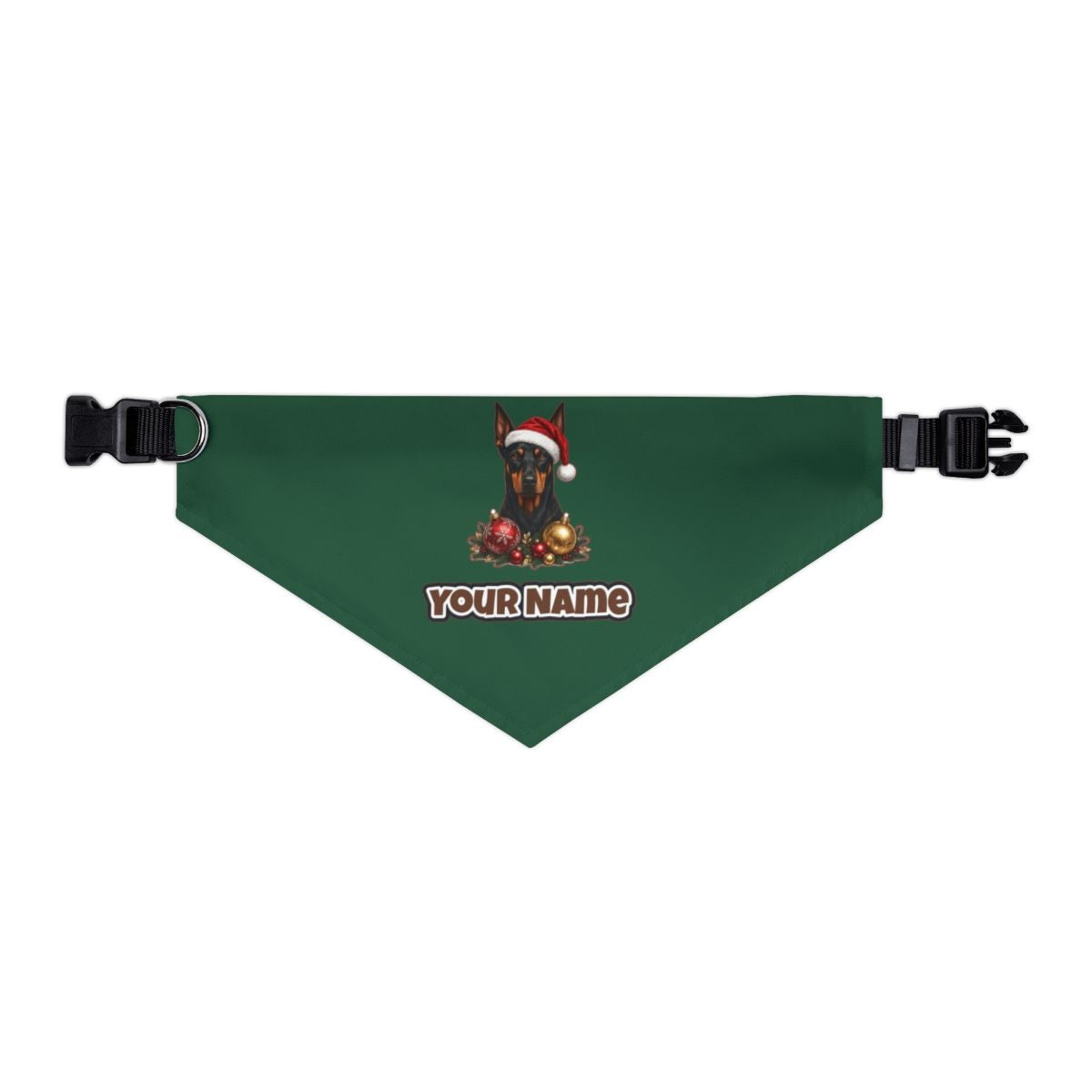 Doberman personalised Christmas pet bandana in green, collar with buckle