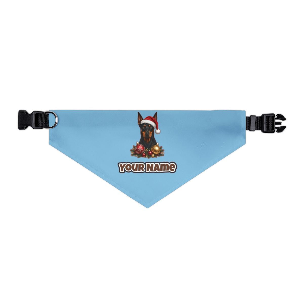 Doberman personalised Christmas pet bandana in sky blue, collar with buckle
