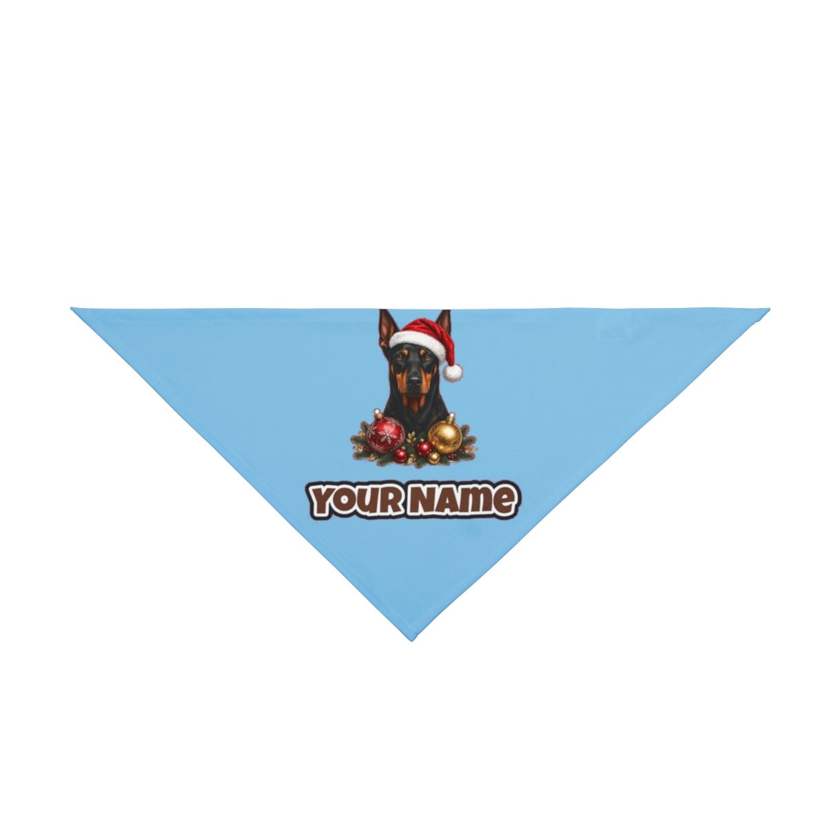 Doberman personalised Christmas pet bandana in sky blue, tie-on style