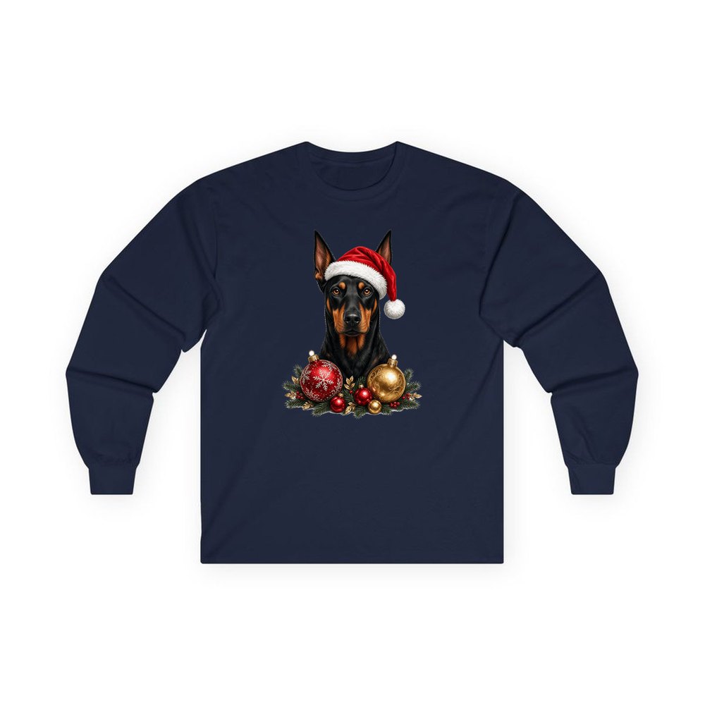 Doberman personalised long sleeve Christmas T-shirt in navy