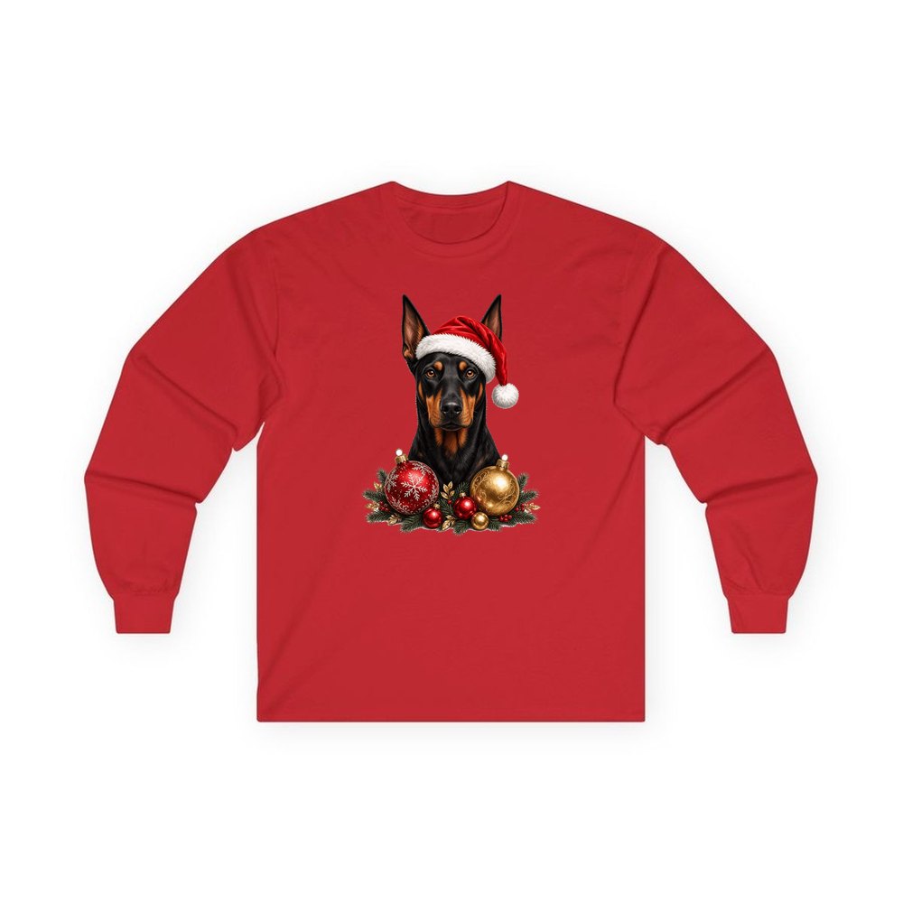 Doberman personalised long sleeve Christmas T-shirt in red