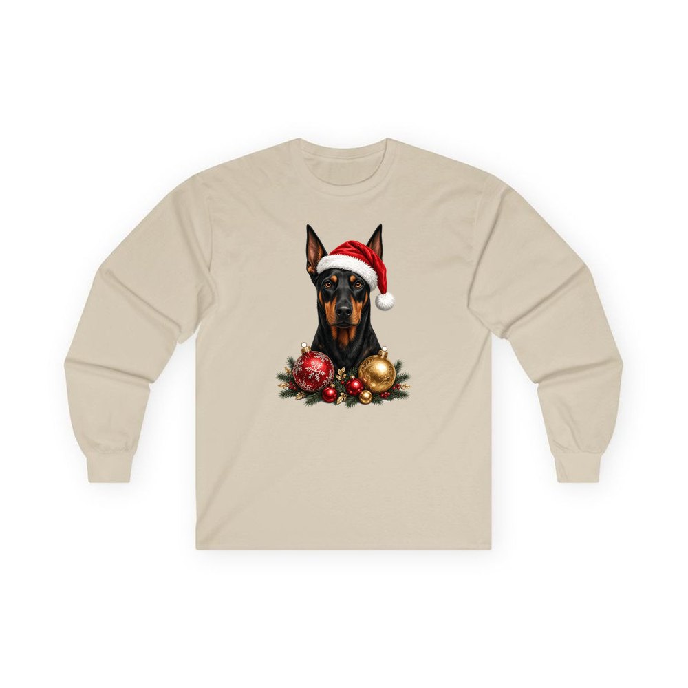 Doberman personalised long sleeve Christmas T-shirt in sand