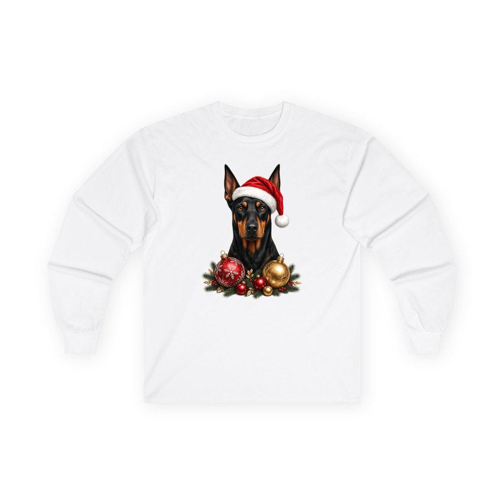 Doberman personalised long sleeve Christmas T-shirt in white