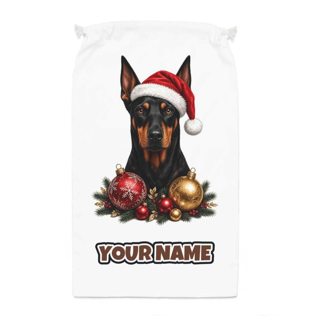 Doberman Santa sack laid flat, showing the full print