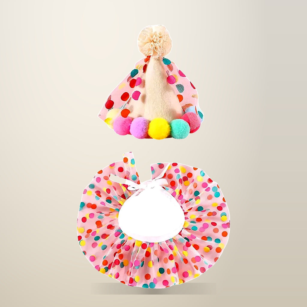 Pet Birthday Bib and Hat Set, Dogs and Cats, on a plain cream background