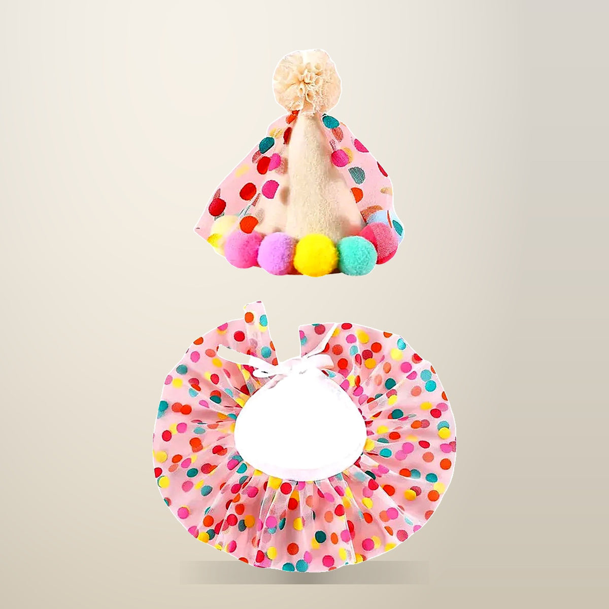 Pet Birthday Bib and Hat Set, Dogs and Cats, on a plain cream background
