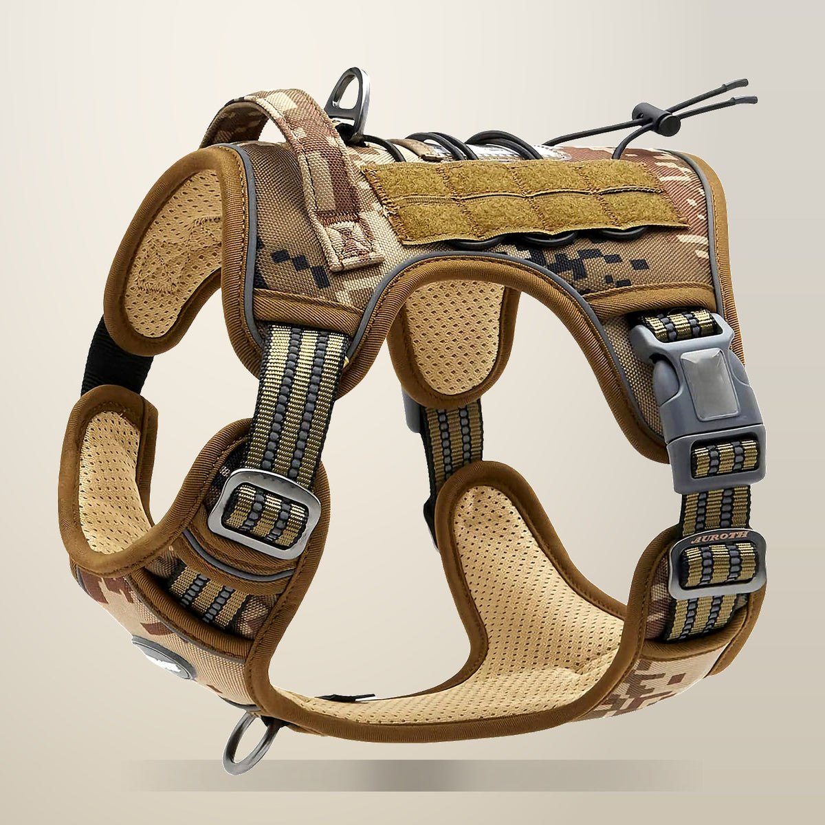 Tactical No Pull Dog Harness, Camo, Size S, on a plain cream background