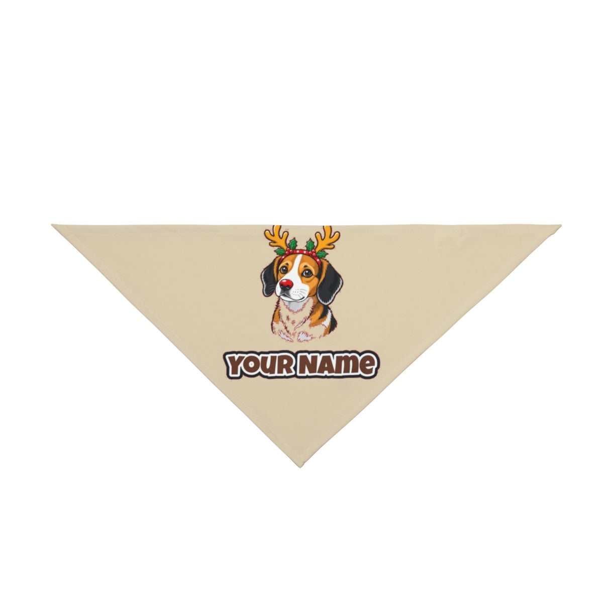 Dog in Reindeer Antlers personalised Christmas pet bandana in beige, tie-on style