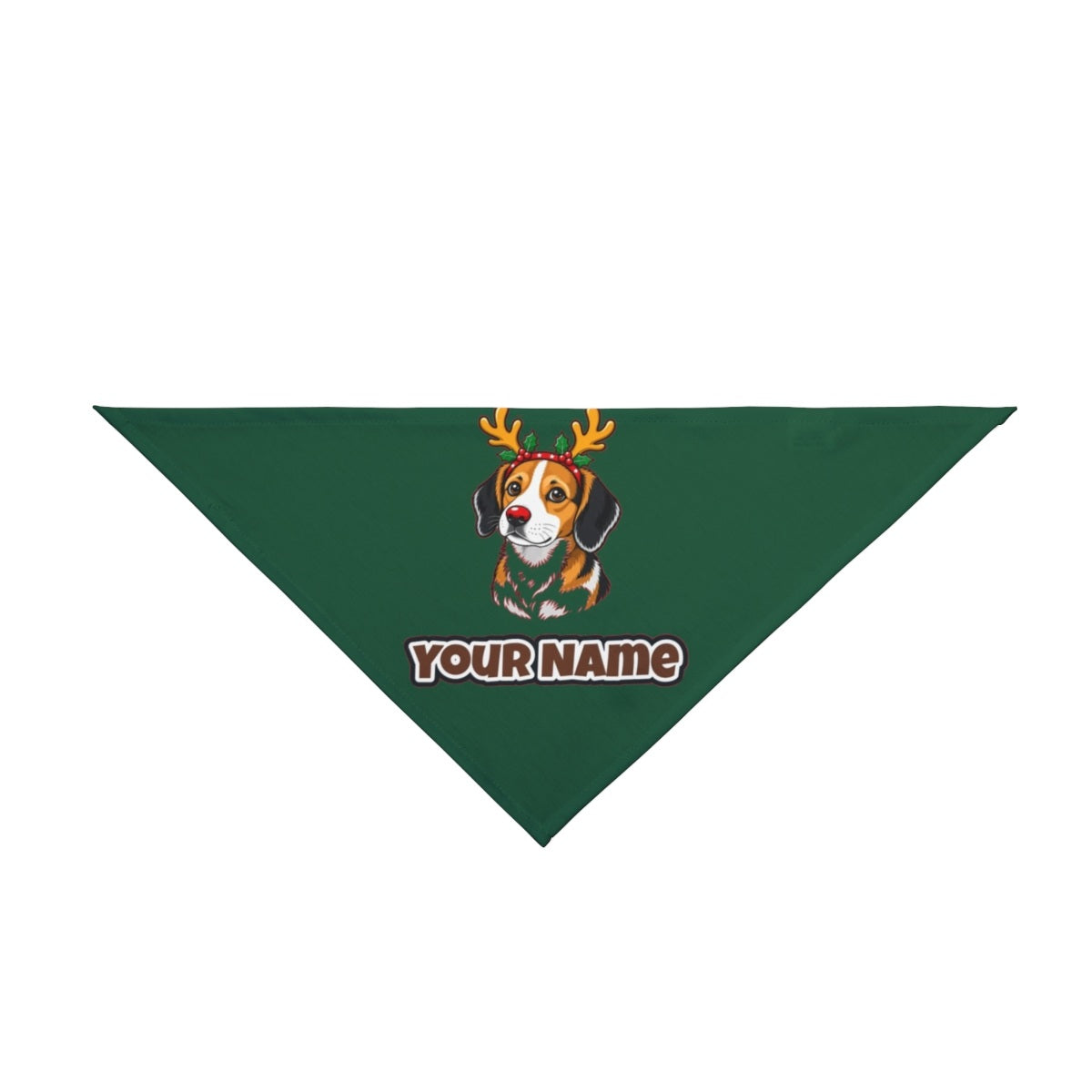 Dog in Reindeer Antlers personalised Christmas pet bandana in green, tie-on style