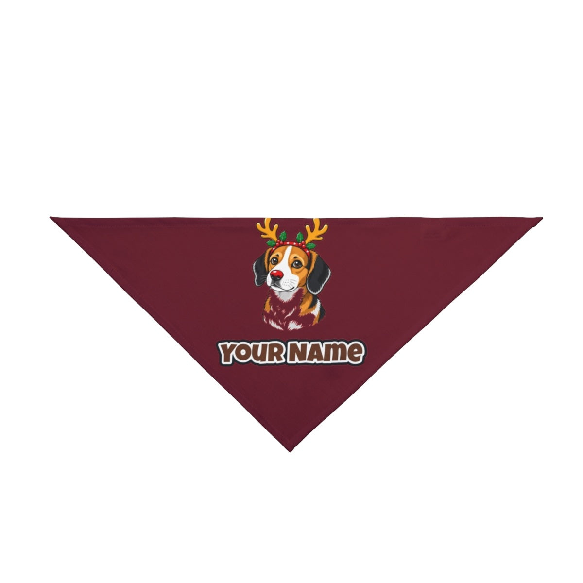 Dog in Reindeer Antlers personalised Christmas pet bandana in maroon, tie-on style