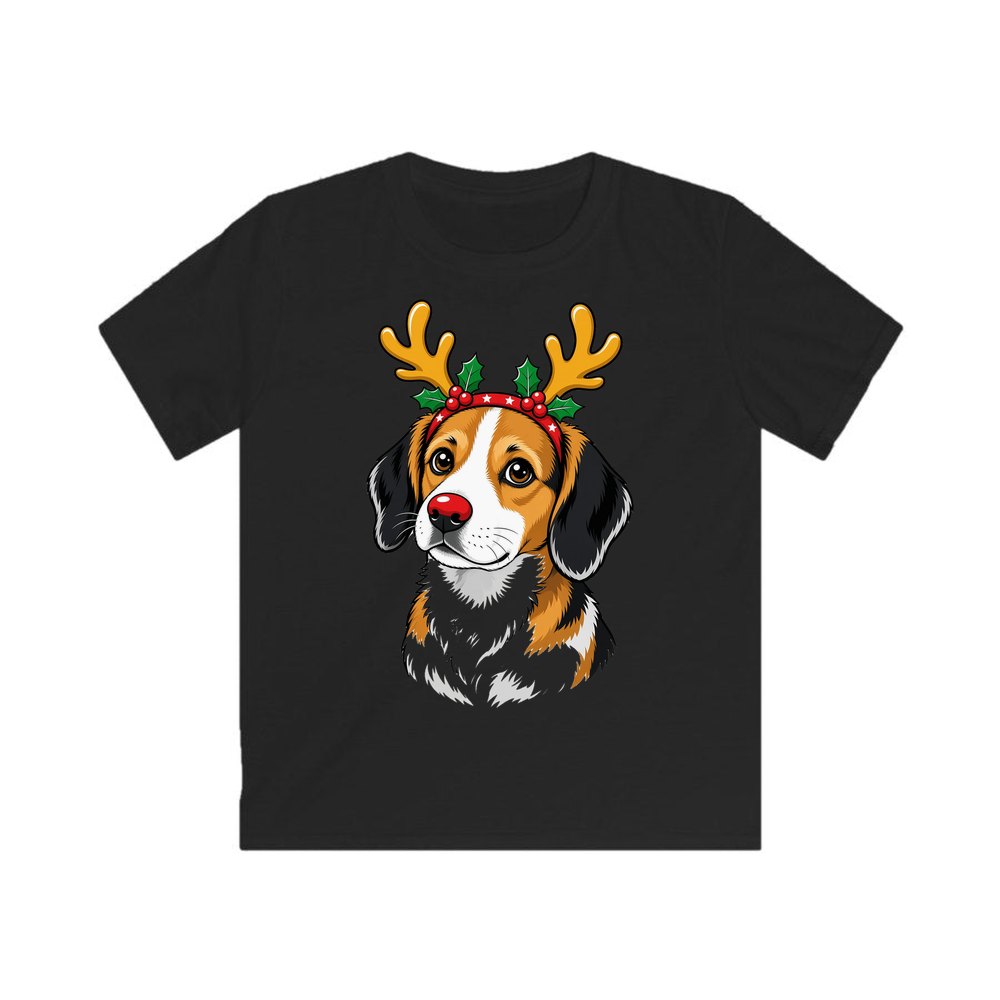 Dog in Reindeer Antlers personalised kids Christmas tee in black