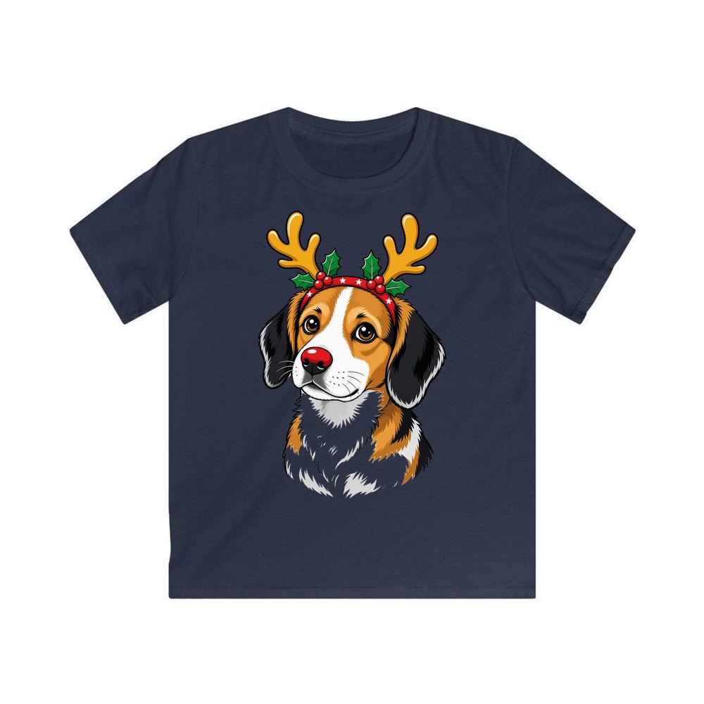 Dog in Reindeer Antlers personalised kids Christmas tee in navy