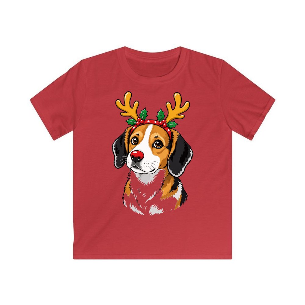 Dog in Reindeer Antlers personalised kids Christmas tee in red