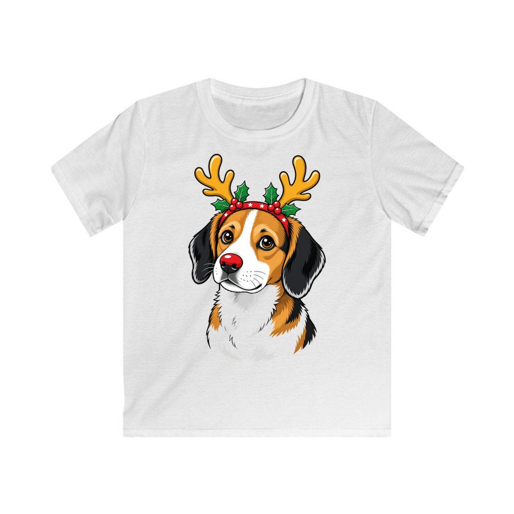 Dog in Reindeer Antlers personalised kids Christmas tee in white