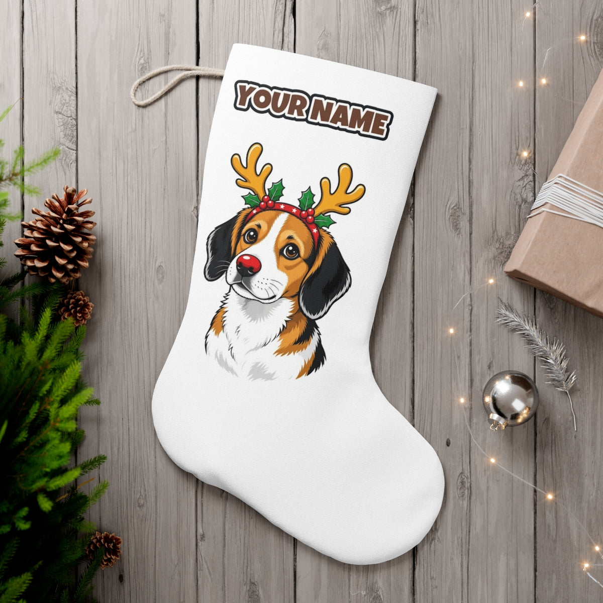 Dog in Reindeer Antlers personalised Christmas stocking, white, with the name across the top