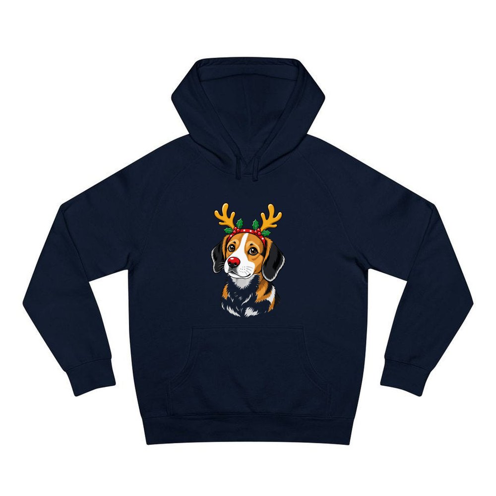 Dog in Reindeer Antlers personalised Christmas hoodie in navy